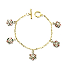 Alloy Rhinestone Snowflake Charm Bracelet with Acrylic Imitation Pearl Beaded, Golden Iron Cable Chains Bracelet