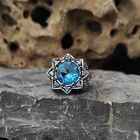 Deep Sky Blue Glass Wide Band Rings, Alloy Thick Ring, Flower