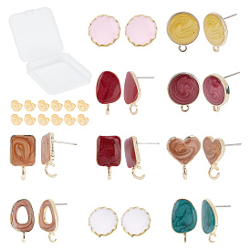 Alloy Enamel Stud Earring Findings, with Loop and Steel Pin, Mixed Shapes, Light Gold