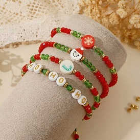 4 Набор регулируемых браслетов из стеклянных и пластиковых бусин для женщин на Рождество, леденец-трость, снежинка, Санта-Клаус и слово хохохо