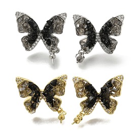 Brass Micro Pave Clear Cubic Zirconia & Quartz Stud Earring Findings, with 925 Sterling Silver Needle, for Half Drilled Beads, Butterfly