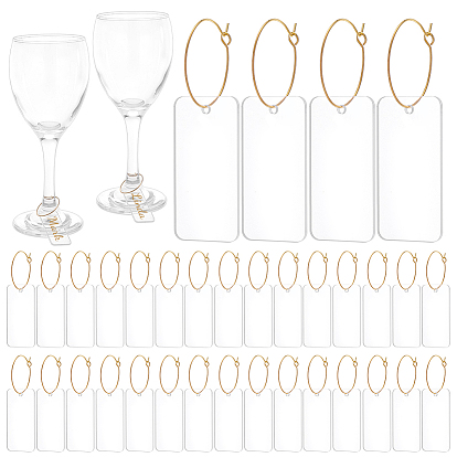 50Pcs Acrylic Wine Glass Charms, Blank Goblet Marker, Rectangle, with 50Pcs Brass Wine Glass Charm Rings