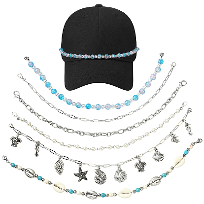 6 шт. 6 стили: синтетическая бирюза и магнезитовые бусины в морском стиле, цепочка для бейсболки из сплава, с 304 фурнитурой из нержавеющей стали