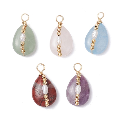 5шт. медная проволока, обернутая натуральным аметистом, брекчированных яшмы, зеленый авантюрин, розовый кварц, подвески для аквамарина, натуральные пресноводные жемчужные бусины в форме слезы, золотые
