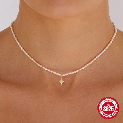 925 Sterling Silver Devil's Eye Pendant Necklace with Octagram Star and Pearl, Simple European Style Collarbone Chain Jewelry