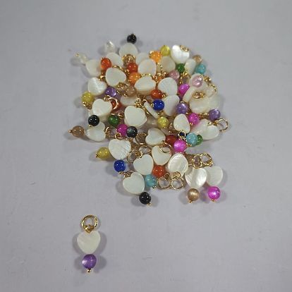 50Pendentifs en coquillage naturel et œil de chat, charmes de coeur, avec les accessoires en laiton, or