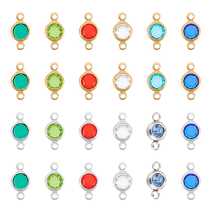 72Pcs 12 Colors 304 Stainless Steel with Glass Connector Charms, Flat Round Links