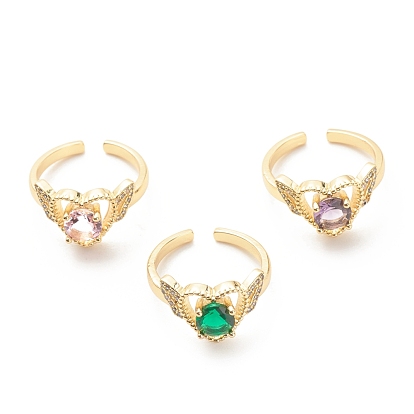 Anillo de puño abierto con corazón de circonita cúbica, joyas de latón chapado en oro real 18k para mujer, sin plomo y cadmio