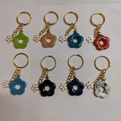 8 piezas 8 llaveros con dijes de esmalte de aleación y acrílico de flores de color, Con hallazgos de hierro de oro, para la decoración del colgante del bolso de la llave del coche del llavero