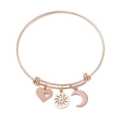 Corazón, sol y luna ajustables 304 brazaletes con dijes de acero inoxidable para mujer