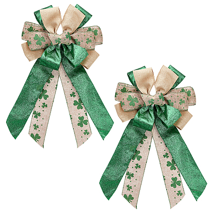 Grandes lazos de cinta de embalaje de poliéster, decoraciones del paquete de la caja de regalos del festival, lazo con patrón de trébol para el día de san patricio