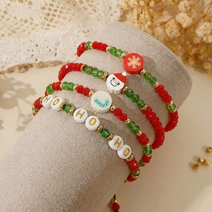 4 Набор регулируемых браслетов из стеклянных и пластиковых бусин для женщин на Рождество, леденец-трость, снежинка, Санта-Клаус и слово хохохо