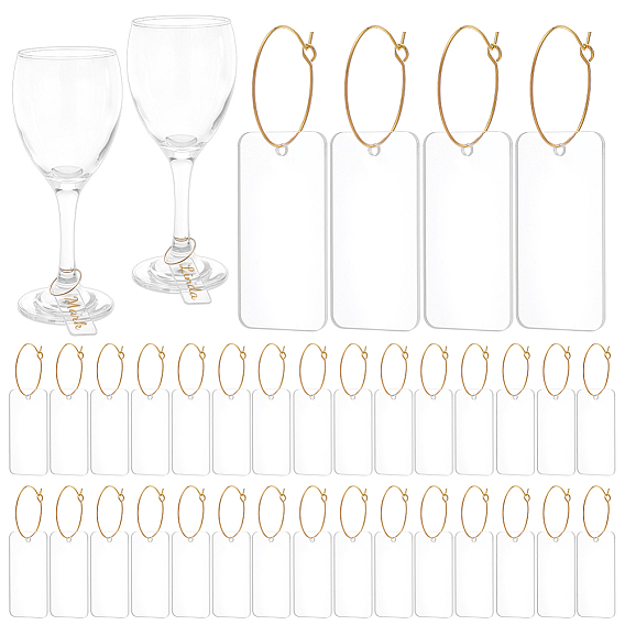 50Pcs Acrylic Wine Glass Charms, Blank Goblet Marker, Rectangle, with 50Pcs Brass Wine Glass Charm Rings