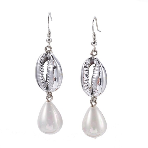 Dangle Earrings, with Sea Shell Beads, Teardrop Shell Pearl Beads, Iron Head pins and Brass Earring Hooks