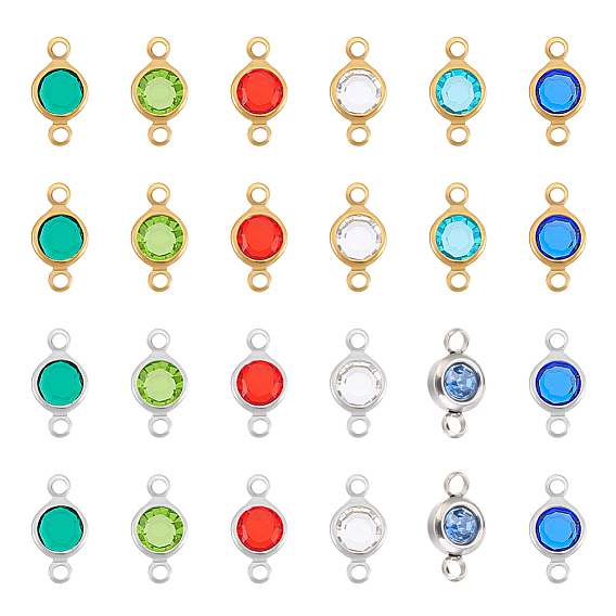 72Pcs 12 Colors 304 Stainless Steel with Glass Connector Charms, Flat Round Links