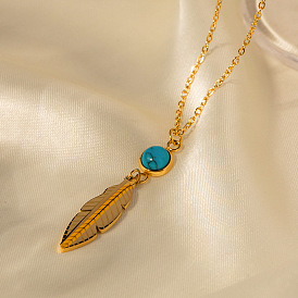 Stainless Steel Feather Inlaid Turquoise Stainless Steel Pendant Necklace Trendy Versatile Jewelry