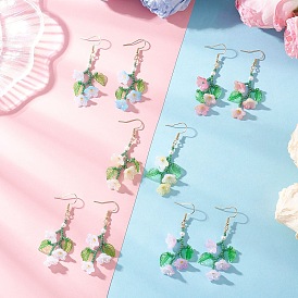 304 из нержавеющей стали болтаться серьги, со стеклянными семенами и акрилом, цветок, золотые