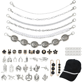 DIY Hat Chain Making Kis, including 6Pcs Aluminum Hat Chains, 30Pcs Jump Rings, 20Pcs Alloy Pendants, 10Pcs Button, 2Pcs Alloy Brooches
