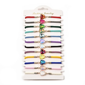 12Pcs 12 Colors Polyester Bracelets, Brass Glass Links Jewelry for Women, Leopard