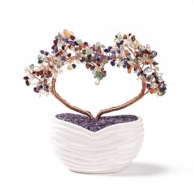 Natural Gemstone Heart Tree Ceramic Bonsai, Amethyst Chips Feng Shui Ornament for Wealth, Luck, Love, Rose Gold Brass Wires Wrapped