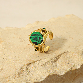 Retro Natural Stone Titanium Steel Ring with 18k Gold Plated - Peacock Stone Hand Jewelry.