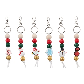 Christmas Themed Silicone Beads & Wood Beads Pendant Decorations, with Alloy Swivel Lobster Claw Clasps and Iron Split Key Rings