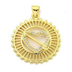 Rack Plating Brass Micro Pave Clear Cubic Zirconia Pendant, Cadmium Free & Lead Free, Long-Lasting Plated, Round with Heart