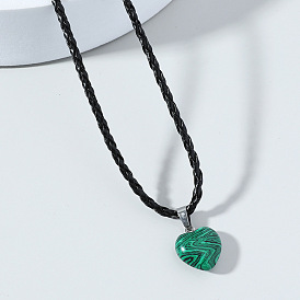 Retro heart-shaped malachite necklace natural stone leather chain simple and versatile