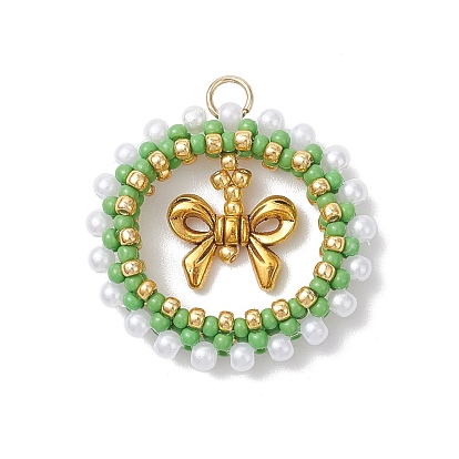 Рождественский венок из стеклянных бисера с подвесками-бантиками, с бусиной из сплава в тибетском стиле и 304 открытыми соединительными кольцами из нержавеющей стали