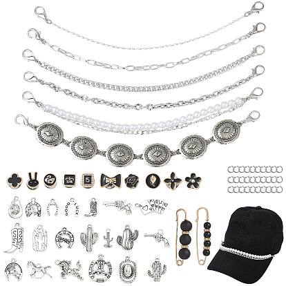 DIY Hat Chain Making Kis, including 6Pcs Aluminum Hat Chains, 30Pcs Jump Rings, 20Pcs Alloy Pendants, 10Pcs Button, 2Pcs Alloy Brooches