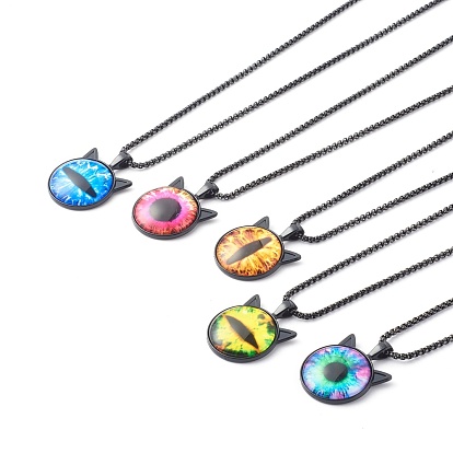 304 Stainless Steel Venetain Necklace, Alloy Dragon Eye Half Round/Dome Printed Glass Pendant
