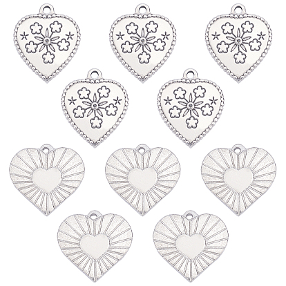 10Pcs 2 Style 304 Stainless Steel Textured Pendants, Heart