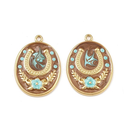 304 нержавеющей стальной эмали подвески, овал с цветком и подковой, реальный 18 k позолоченный, вакуумное покрытие pvd