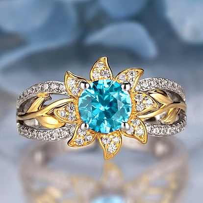 Brass Micro Pave Cubic Zirconia Cuff Open Rings for Women, Sunflower with Leaf, Platinum & Golden