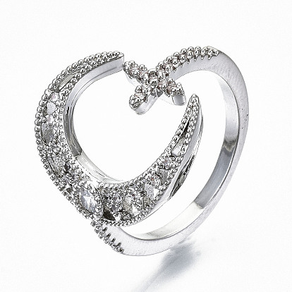 Латунные кольца из манжеты с прозрачным цирконием, открытые кольца, без кадмия, без никеля и без свинца, луна с крестом