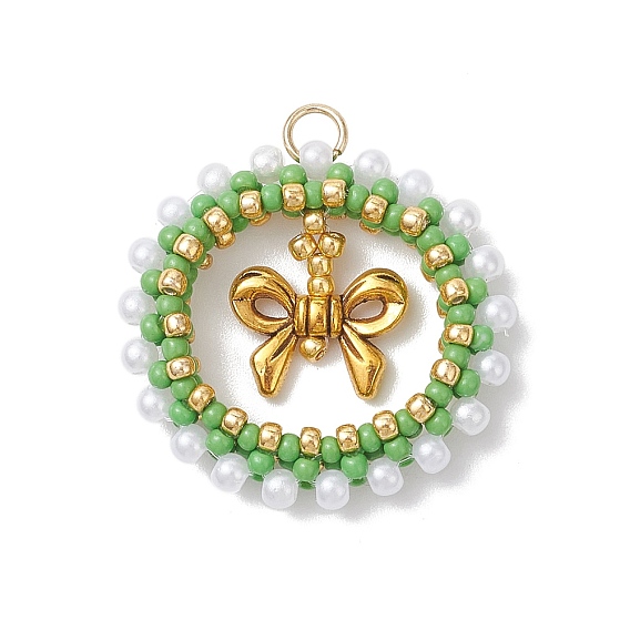 Рождественский венок из стеклянных бисера с подвесками-бантиками, с бусиной из сплава в тибетском стиле и 304 открытыми соединительными кольцами из нержавеющей стали