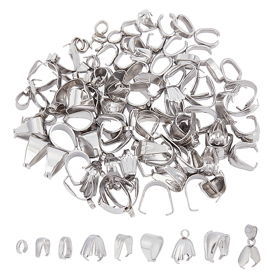 90Pcs 9 Style 304 Stainless Steel Pendant Pinch Bails