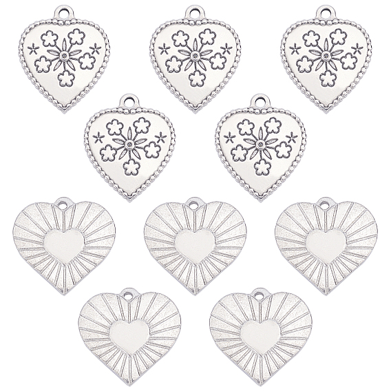 10Pcs 2 Style 304 Stainless Steel Textured Pendants, Heart