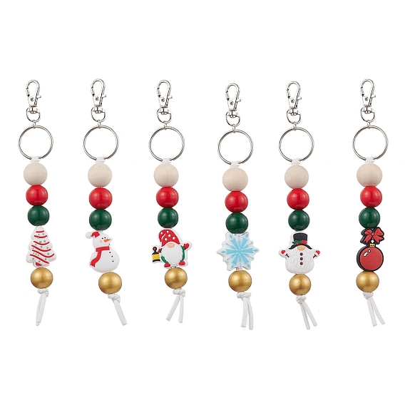 Рождественские тематические силиконовые бусины и деревянные бусины подвесные украшения, с поворотными карабинами из сплава и железными разъемными кольцами для ключей