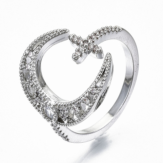 Латунные кольца из манжеты с прозрачным цирконием, открытые кольца, без кадмия, без никеля и без свинца, луна с крестом