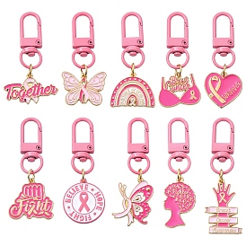 10 pièces 10 styles Pendentif fleur en alliage émaillé, ruban de sensibilisation au cancer du sein, avec fermoir pivotant