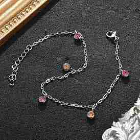 304 браслеты из нержавеющей стали горный хрусталь, плоские круглые браслеты с подвесками для женщин