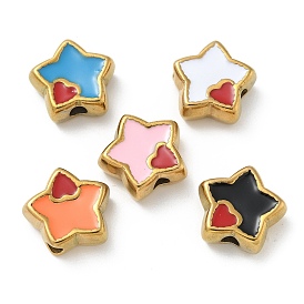 Ion Plating(IP) 304 Stainless Steel Beads, with Enamel, Real 18K Gold Plated, Star with Heart