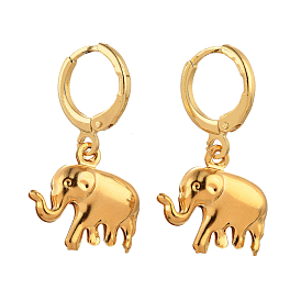 Brass Huggie Hoop Earring, with Elephant 304 Stainless Steel Charms