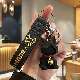 Personality method key chain creative geometric bulldog leather rope car key chain couple bag ornaments gift