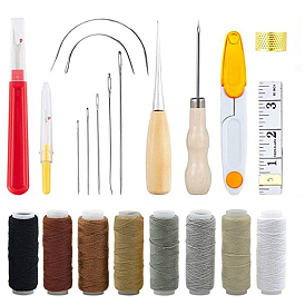 Набор инструментов для работы с кожей, включая швейные иглы, вощеная нить, ножницы, шило, рулетка и швейный наперсток, для поделки из кожи