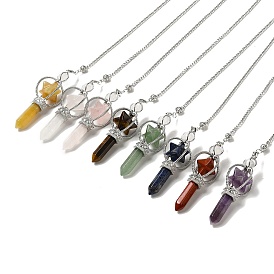 Natural Gemstone Dowsing Pendulums, with Platinum Plated Alloy Chains, Merkaba Star Truncheon Charm, Reiki Wicca Witchcraft Balancing Pointed Pendant Pendulum