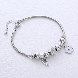 Из нержавеющей стали европейские браслеты, браслеты с подвесками для женщин, цветок и листья