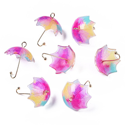 Printed Acrylic Pendants, with Golden Plated Brass Findings, 3D Umbrella with Flower Pattern