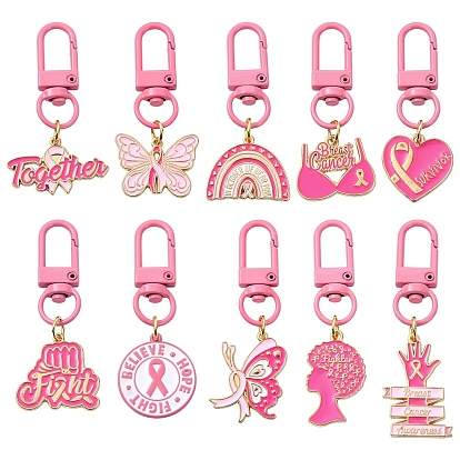 10 pièces 10 styles Pendentif fleur en alliage émaillé, ruban de sensibilisation au cancer du sein, avec fermoir pivotant